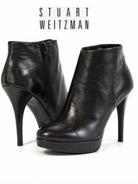 Stuart Weitzman Black Leather Platform Ankle Booties Stiletto Size 9